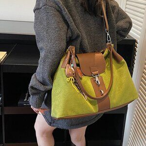 Lime Green Suede-Style Large Handbag - Detachable Strap